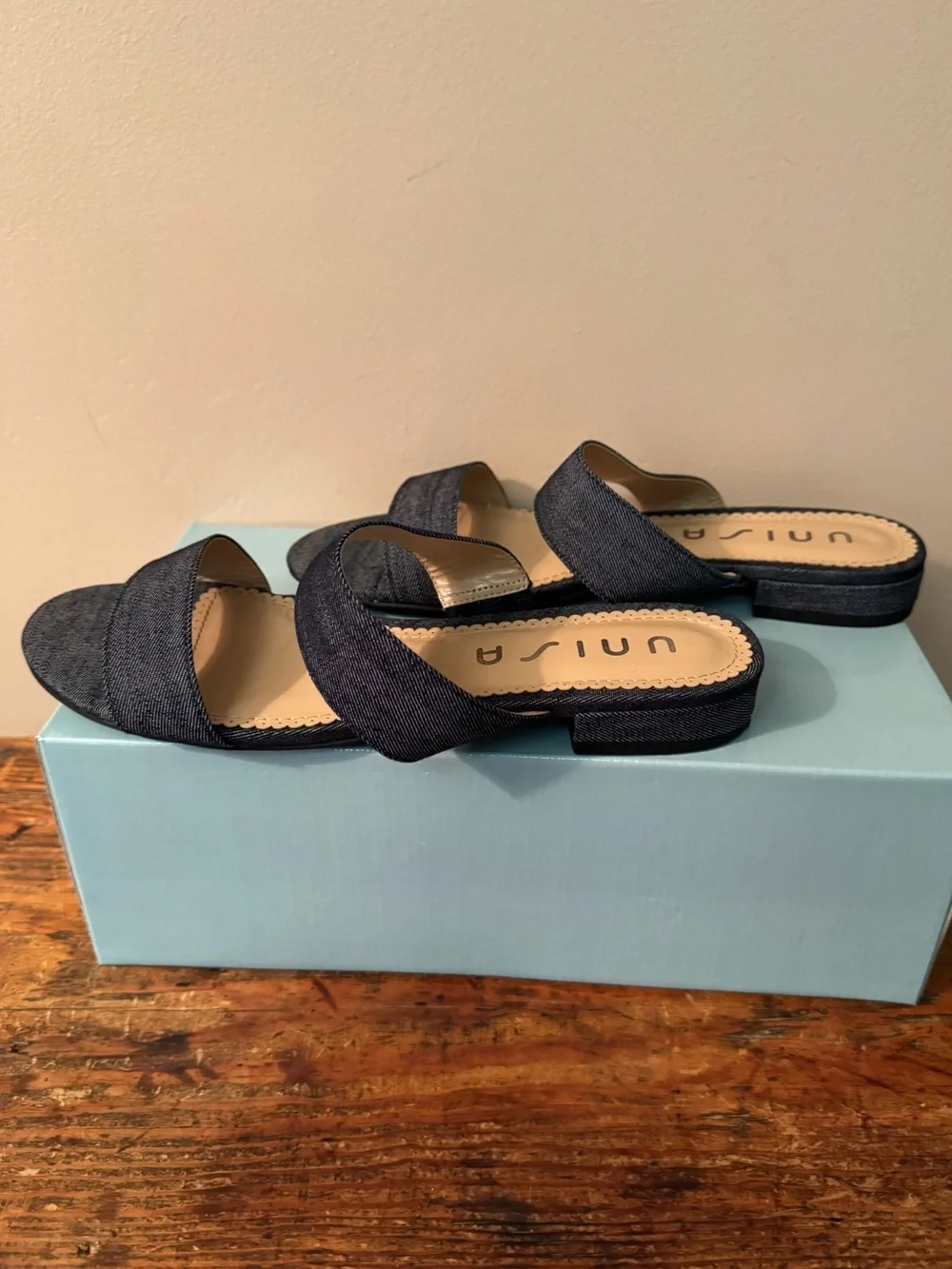 Unisa Navy Denim Two-Band Slide Sandal, size 9